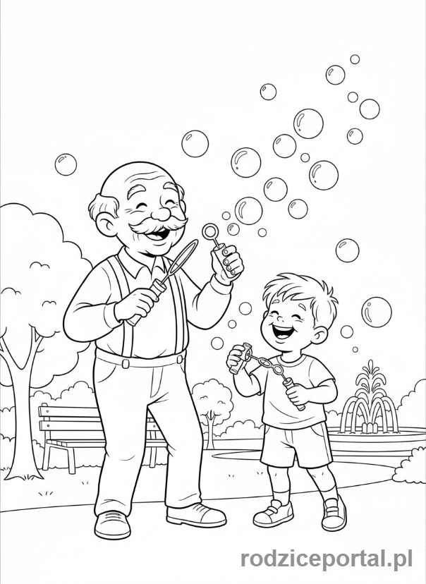 Kolorowanka Dzień Dziadka - Dziadek z wnukiem dmuchający bańki mydlane.