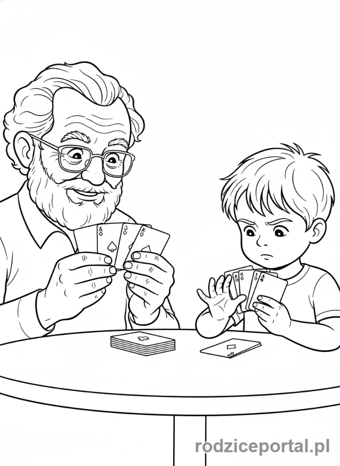 Kolorowanka Dzień Dziadka - Dziadek z wnukiem grający w karty.