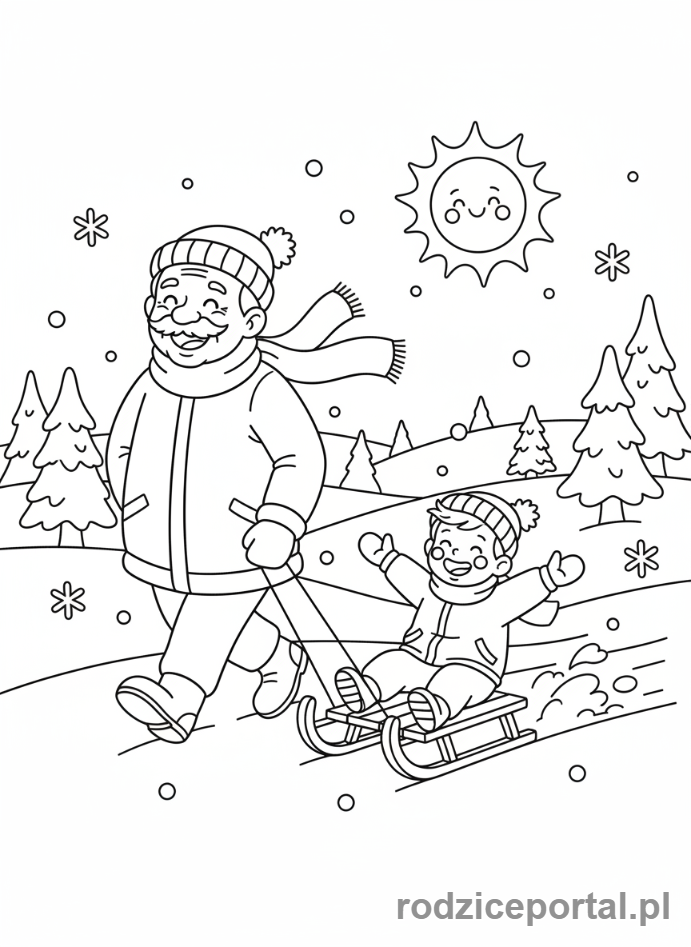 Kolorowanka Dzień Dziadka - Dziadek z wnukiem na sankach.