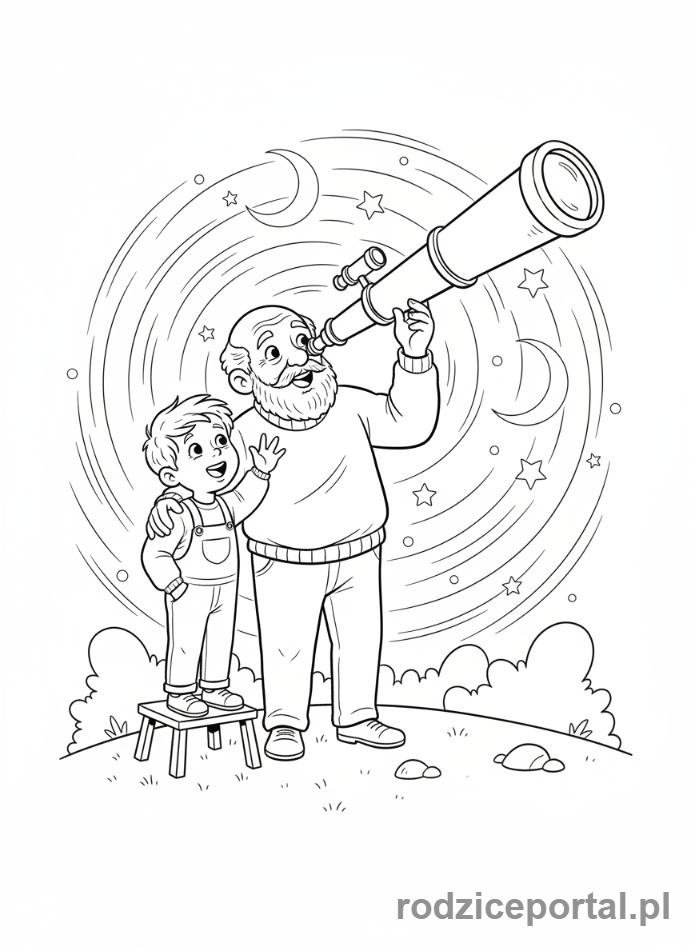 Kolorowanka Dzień Dziadka - Dziadek z wnukiem oglądający gwiazdy.