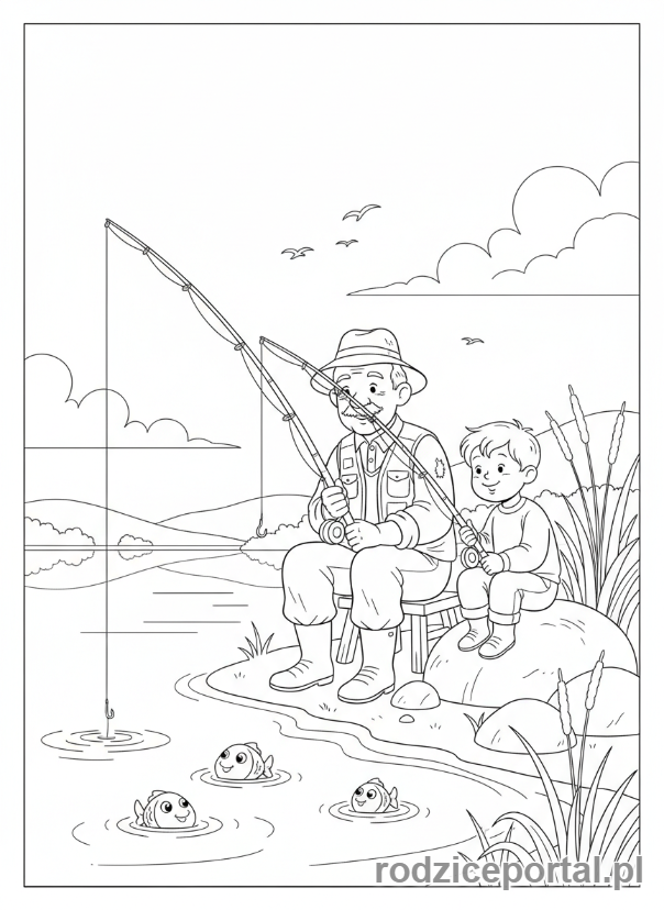 Kolorowanka Dzień Dziadka - Dziadek z wnukiem łowiący ryby nad jeziorem.