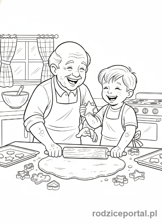 Kolorowanka Dzień Dziadka - Dziadek z wnukiem piekący ciasteczka.