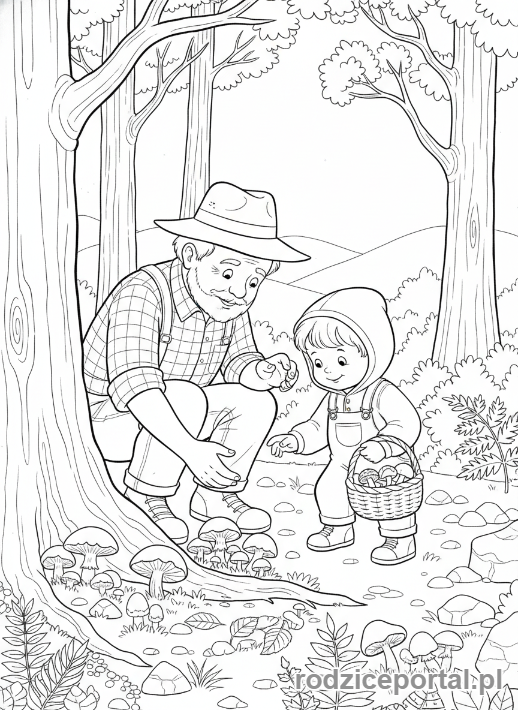 Kolorowanka Dzień Dziadka - Dziadek z wnukiem zbierający grzyby w lesie.