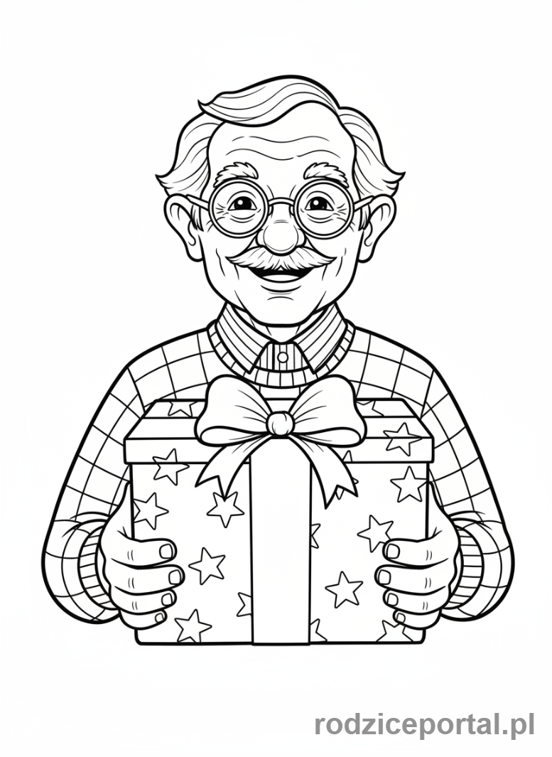 Kolorowanka Dzień Dziadka - Uśmiechnięty dziadek z prezentem.