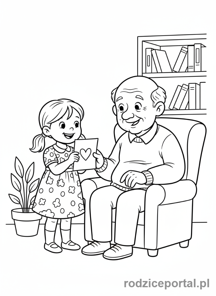 Kolorowanka Dzień Dziadka - Wnuczka wręczająca dziadkowi laurkę.