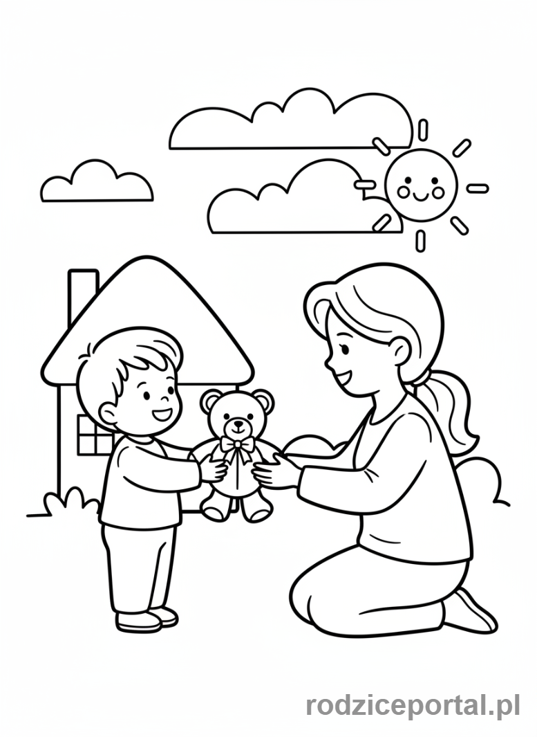 Kolorowanka Dzień Mamy - Dziecko dające mamie pluszowego misia