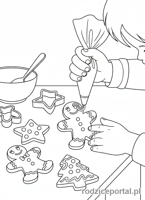 Kolorowanka Dzień Mamy - Dziecko dekorujące pierniczki dla mamy