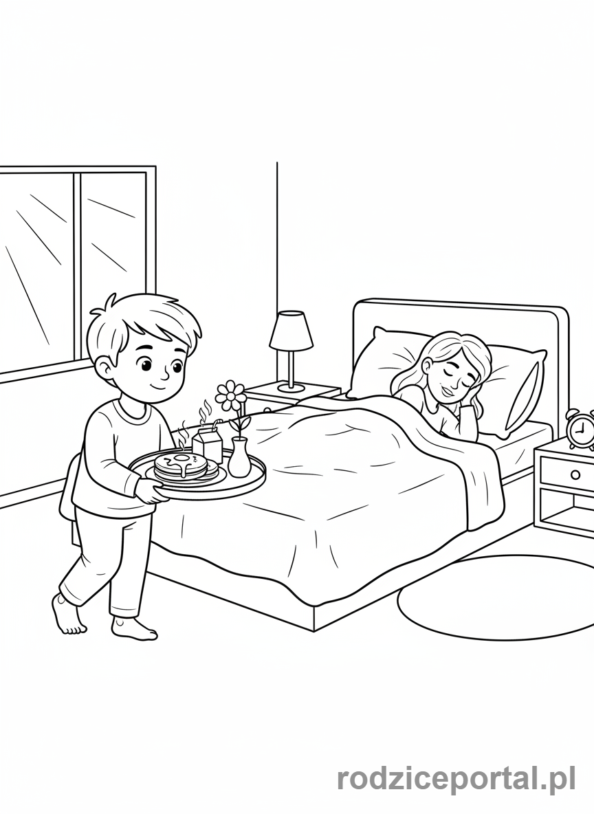 Kolorowanka Dzień Mamy - Dziecko podające mamie śniadanie do łóżka