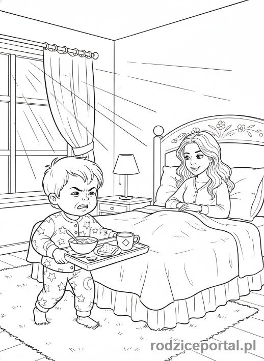 Kolorowanka Dzień Mamy - Dziecko podaje mamie śniadanie do łóżka