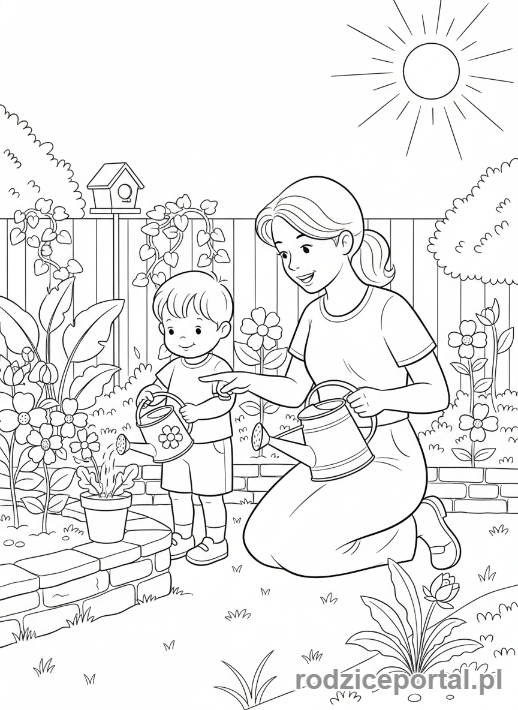 Kolorowanka Dzień Mamy - Dziecko pomagające mamie w ogrodzie