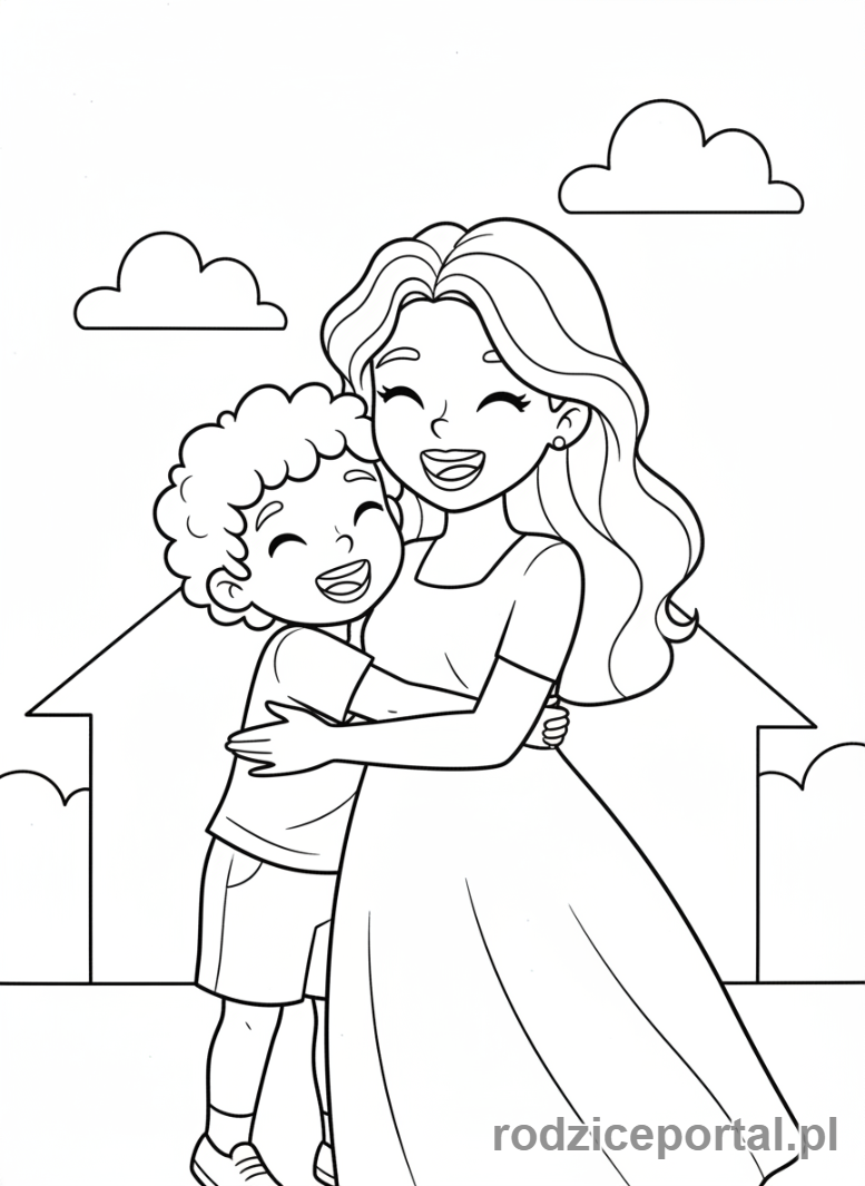 Kolorowanka Dzień Mamy - Dziecko przytula mamę od tyłu