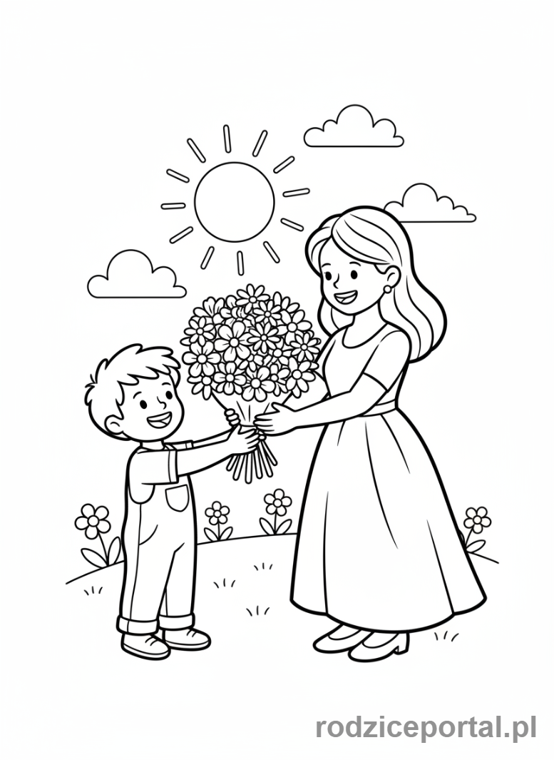 Kolorowanka Dzień Mamy - Dziecko wręcza mamie bukiet kwiatów