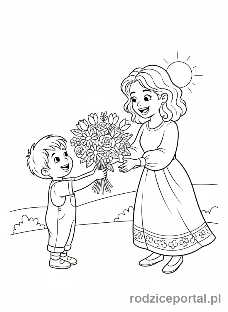 Kolorowanka Dzień Mamy - Dziecko wręcza mamie bukiet kwiatów