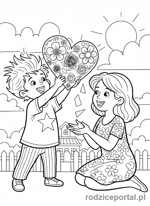 Kolorowanka Dzień Mamy - Dziecko wręcza mamie ręcznie robiony prezent
