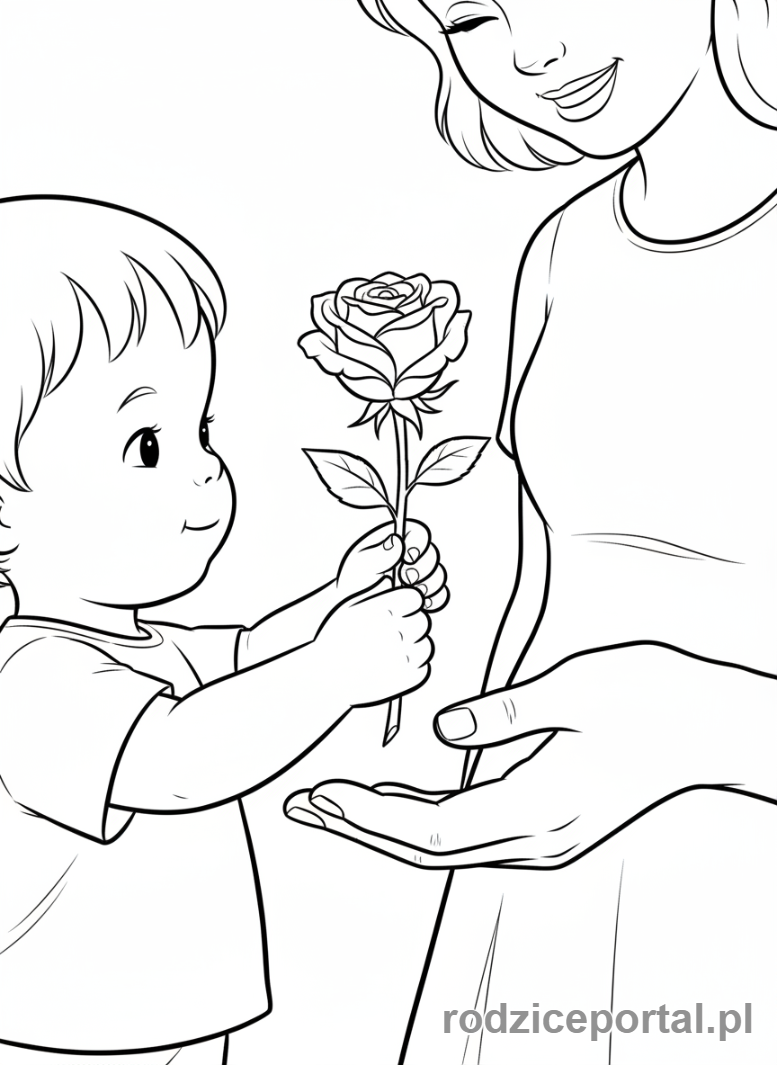 Kolorowanka Dzień Mamy - Dziecko wręczające mamie jedną różę