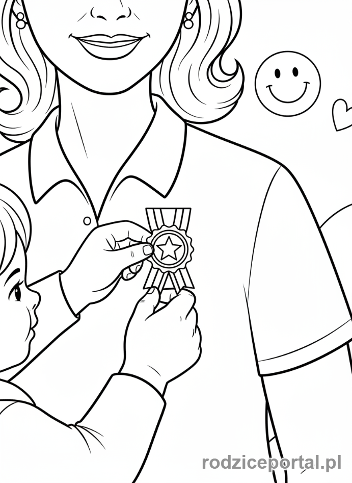 Kolorowanka Dzień Mamy - Dziecko wręczające mamie medal 'Super Mama'