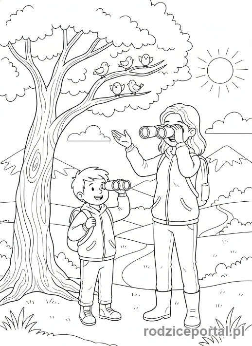 Kolorowanka Dzień Mamy - Dziecko z mamą oglądające ptaki przez lornetkę