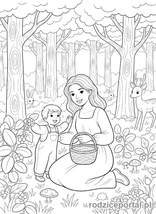 Kolorowanka Dzień Mamy - Dziecko z mamą zbierające jagody w lesie