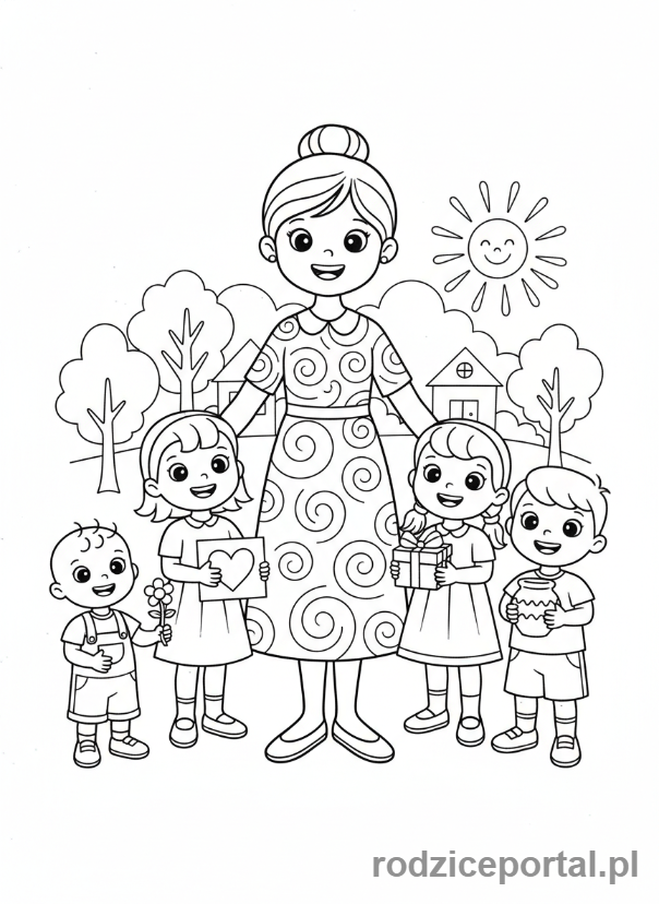 Kolorowanka Dzień Mamy - Grupa dzieci wręcza prezenty mamie