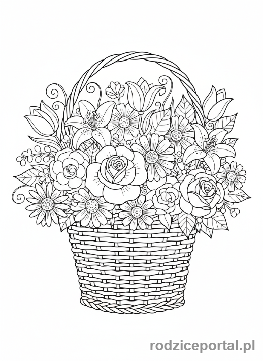 Kolorowanka Dzień Mamy - Koszyk pełen kwiatów dla mamy