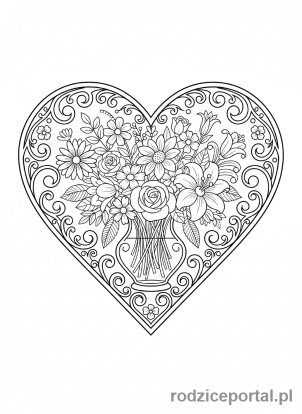 Kolorowanka Dzień Mamy - Kwiaty w wazonie na tle serca