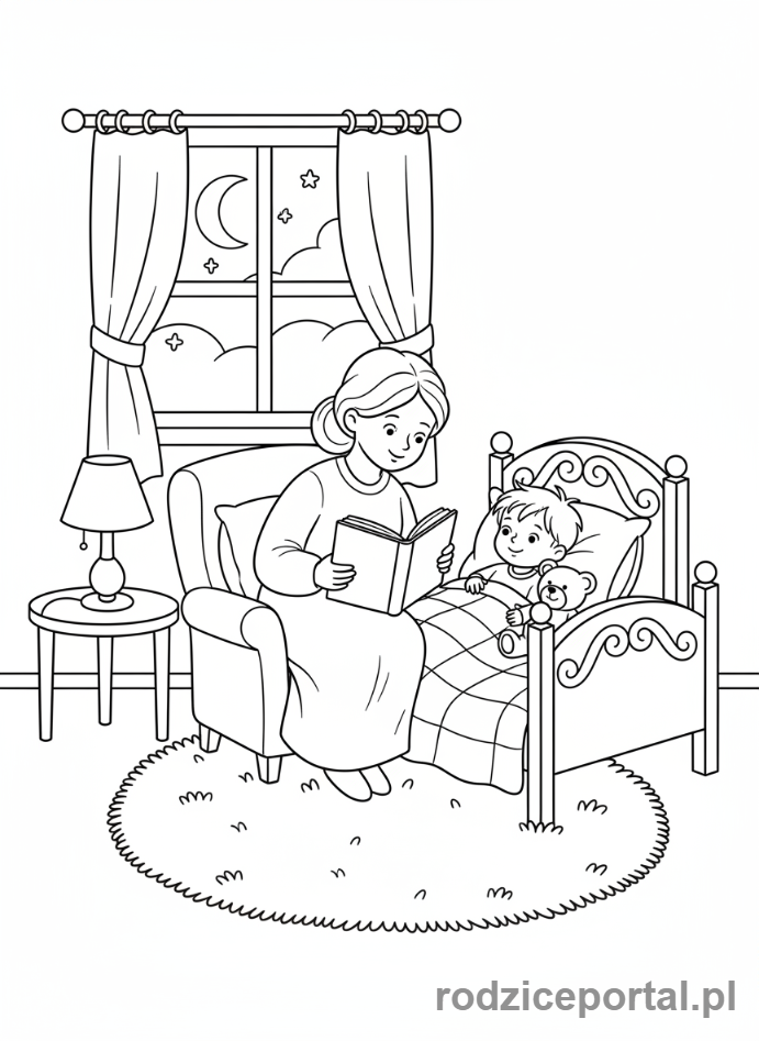 Kolorowanka Dzień Mamy - Mama czytająca bajkę przed snem