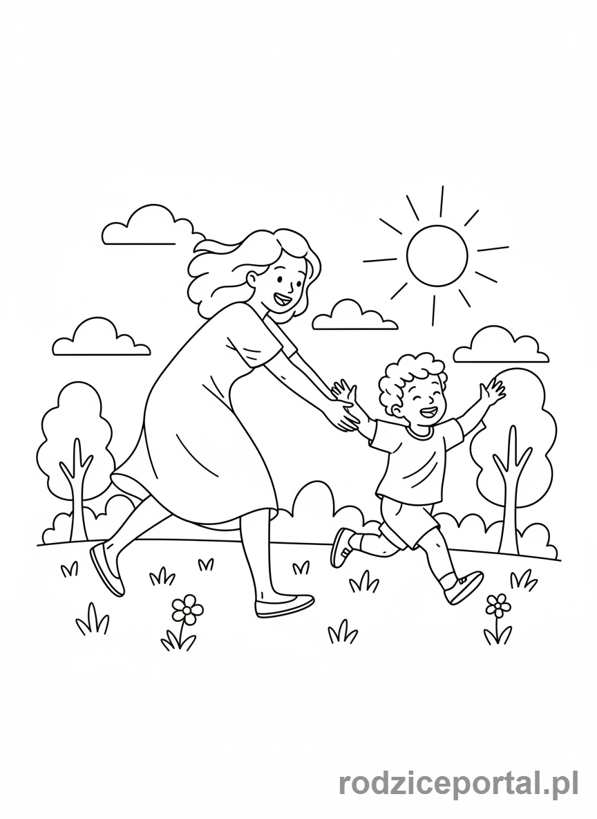Kolorowanka Dzień Mamy - Mama i dziecko bawią się wesoło