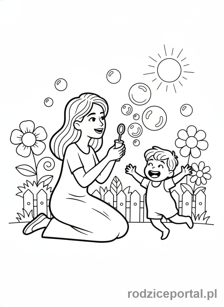 Kolorowanka Dzień Mamy - Mama i dziecko bawiące się bańkami mydlanymi
