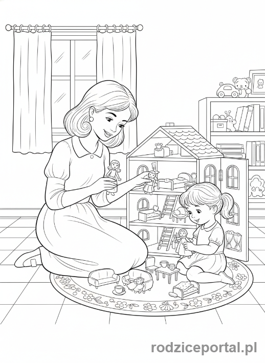 Kolorowanka Dzień Mamy - Mama i dziecko bawiące się lalkami