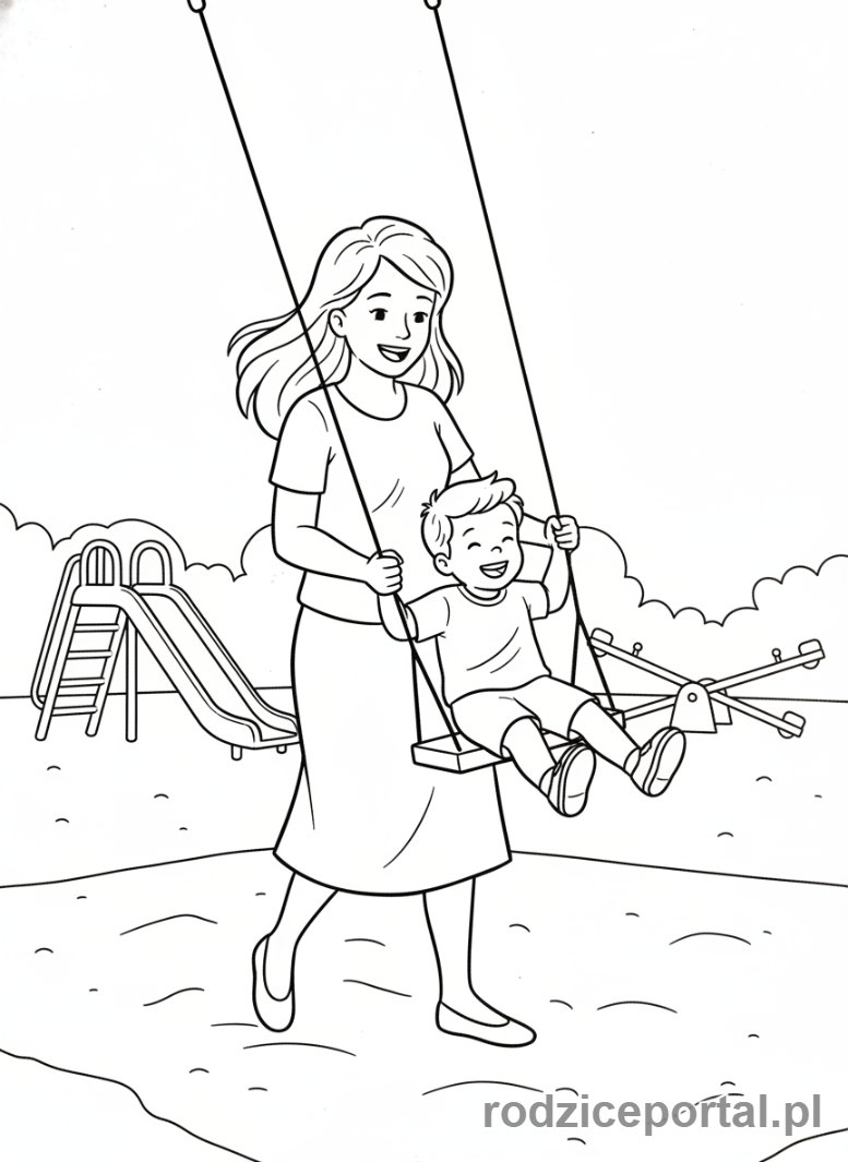 Kolorowanka Dzień Mamy - Mama i dziecko bawiące się na placu zabaw