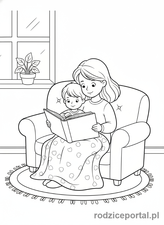 Kolorowanka Dzień Mamy - Mama i dziecko czytają razem książkę