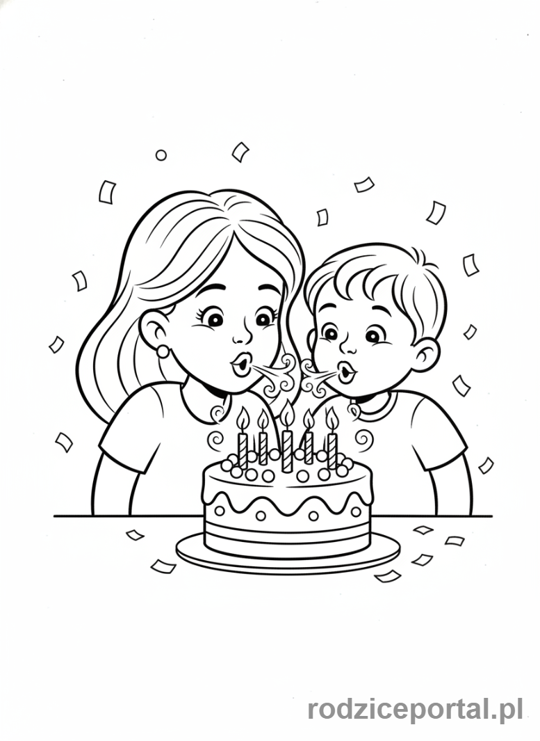 Kolorowanka Dzień Mamy - Mama i dziecko dmuchają świeczki na torcie
