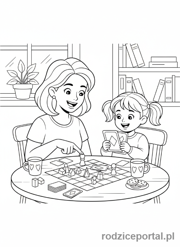 Kolorowanka Dzień Mamy - Mama i dziecko grają w planszówkę