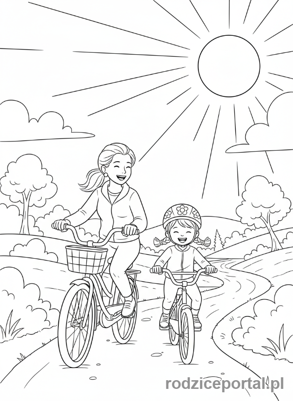 Kolorowanka Dzień Mamy - Mama i dziecko jeżdżące na rowerach