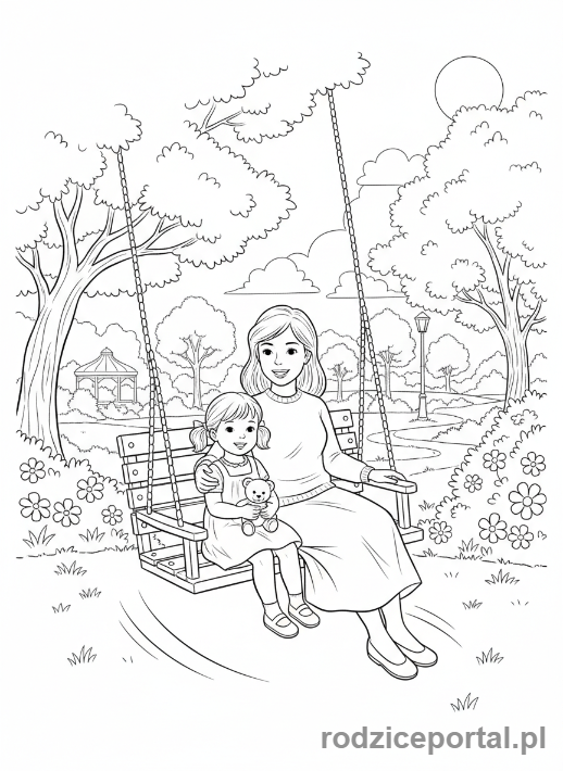 Kolorowanka Dzień Mamy - Mama i dziecko na huśtawce w parku