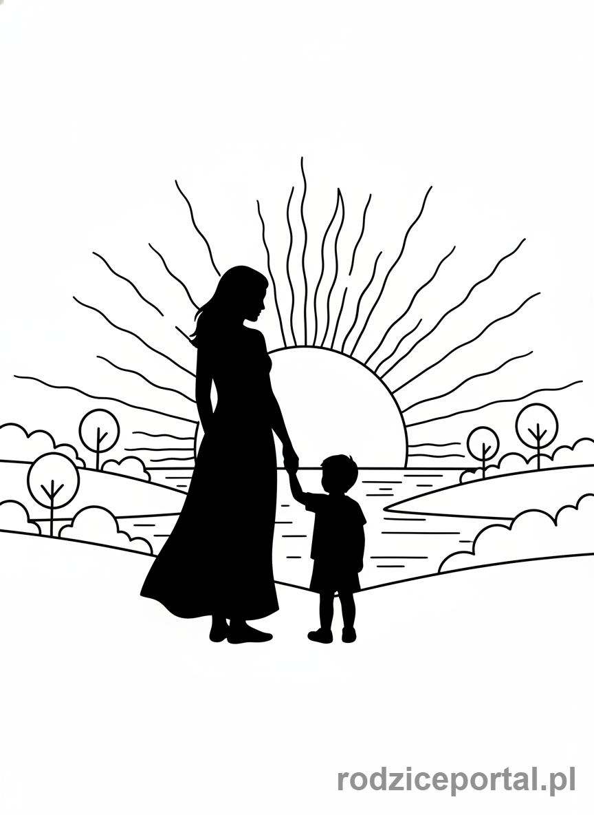 Kolorowanka Dzień Mamy - Mama i dziecko obserwujące zachód słońca