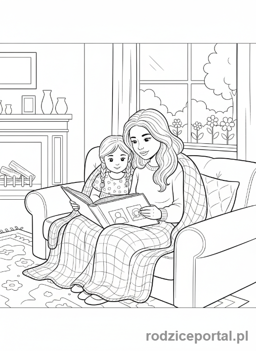 Kolorowanka Dzień Mamy - Mama i dziecko oglądają album ze zdjęciami