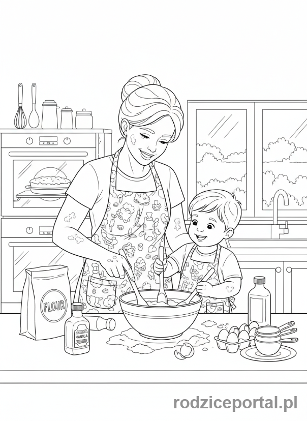 Kolorowanka Dzień Mamy - Mama i dziecko pieką ciasto