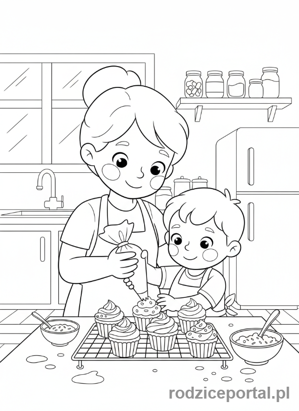Kolorowanka Dzień Mamy - Mama i dziecko robią babeczki