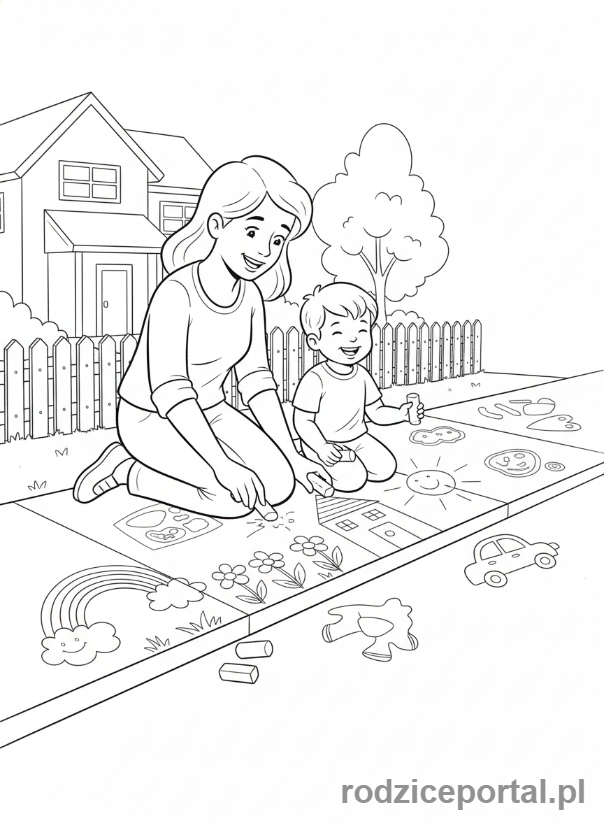 Kolorowanka Dzień Mamy - Mama i dziecko rysujące na chodniku kredą