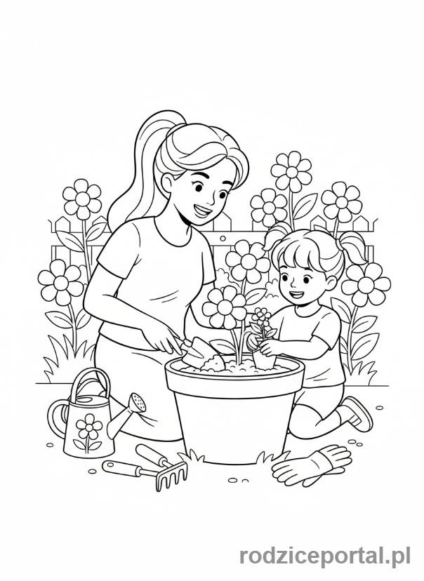 Kolorowanka Dzień Mamy - Mama i dziecko sadzą kwiatki w doniczce