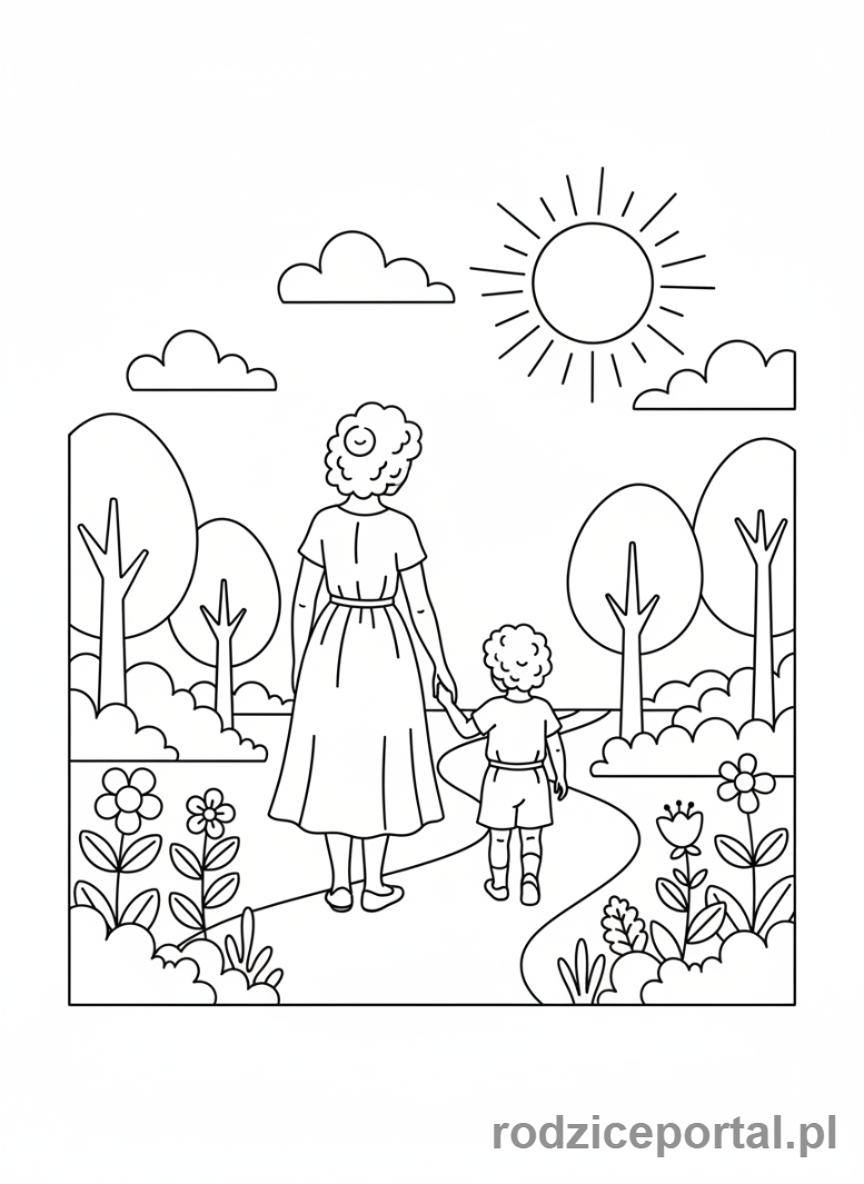Kolorowanka Dzień Mamy - Mama i dziecko trzymające się za ręce, spacer