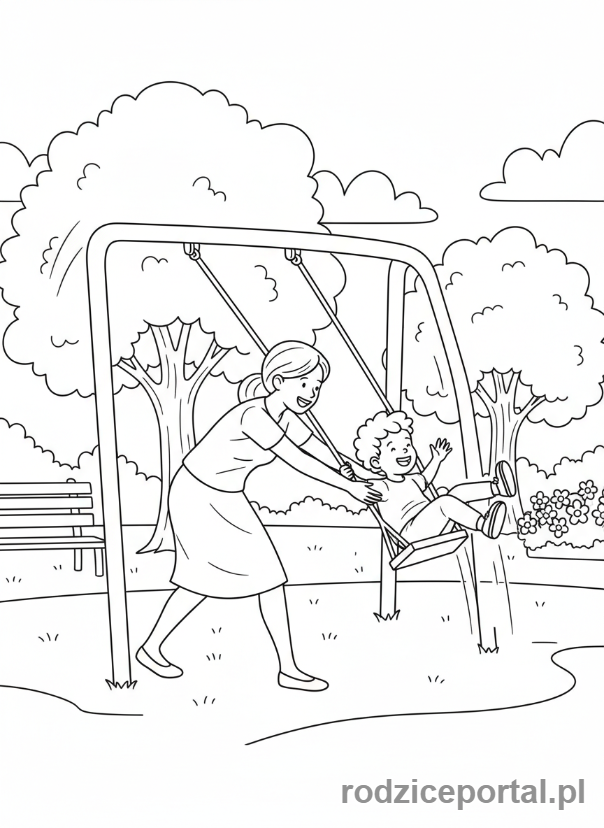 Kolorowanka Dzień Mamy - Mama popycha dziecko na huśtawce w parku