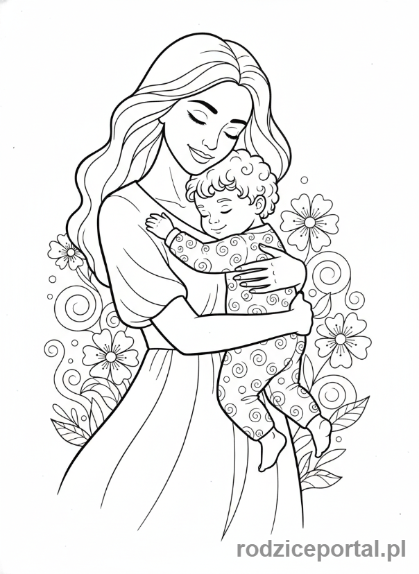 Kolorowanka Dzień Mamy - Mama w objęciach dziecka, widok z góry