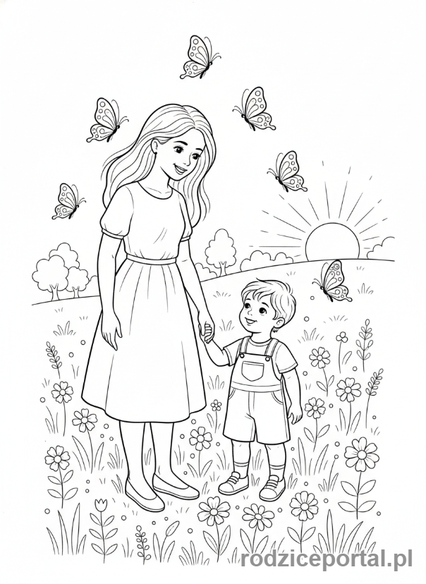 Kolorowanka Dzień Mamy - Mama z dzieckiem oglądające motyle