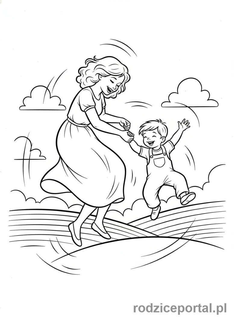 Kolorowanka Dzień Mamy - Mama z dzieckiem tańczące razem