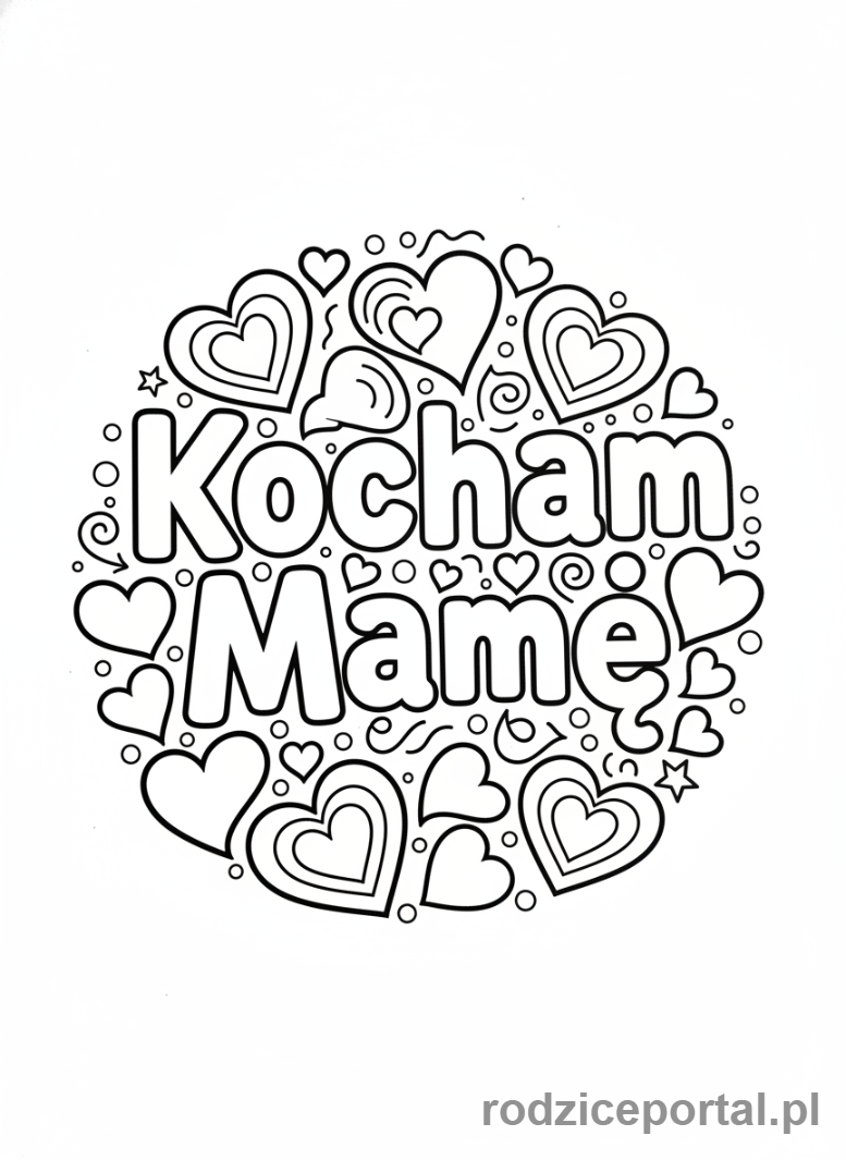 Kolorowanka Dzień Mamy - Napis 'Kocham Mamę' otoczony sercami