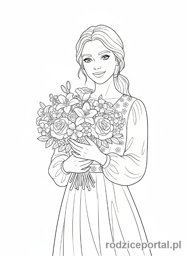 Kolorowanka Dzień Mamy - Portret mamy z bukietem kwiatów