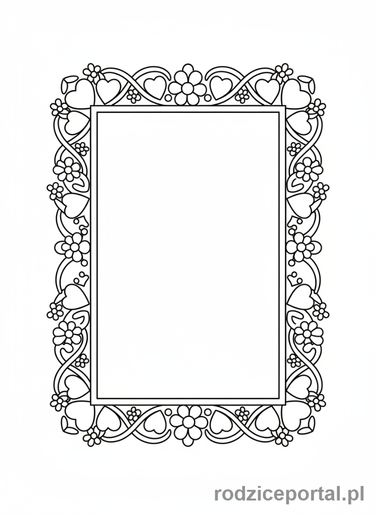 Kolorowanka Dzień Mamy - Rama ozdobiona sercami i kwiatami