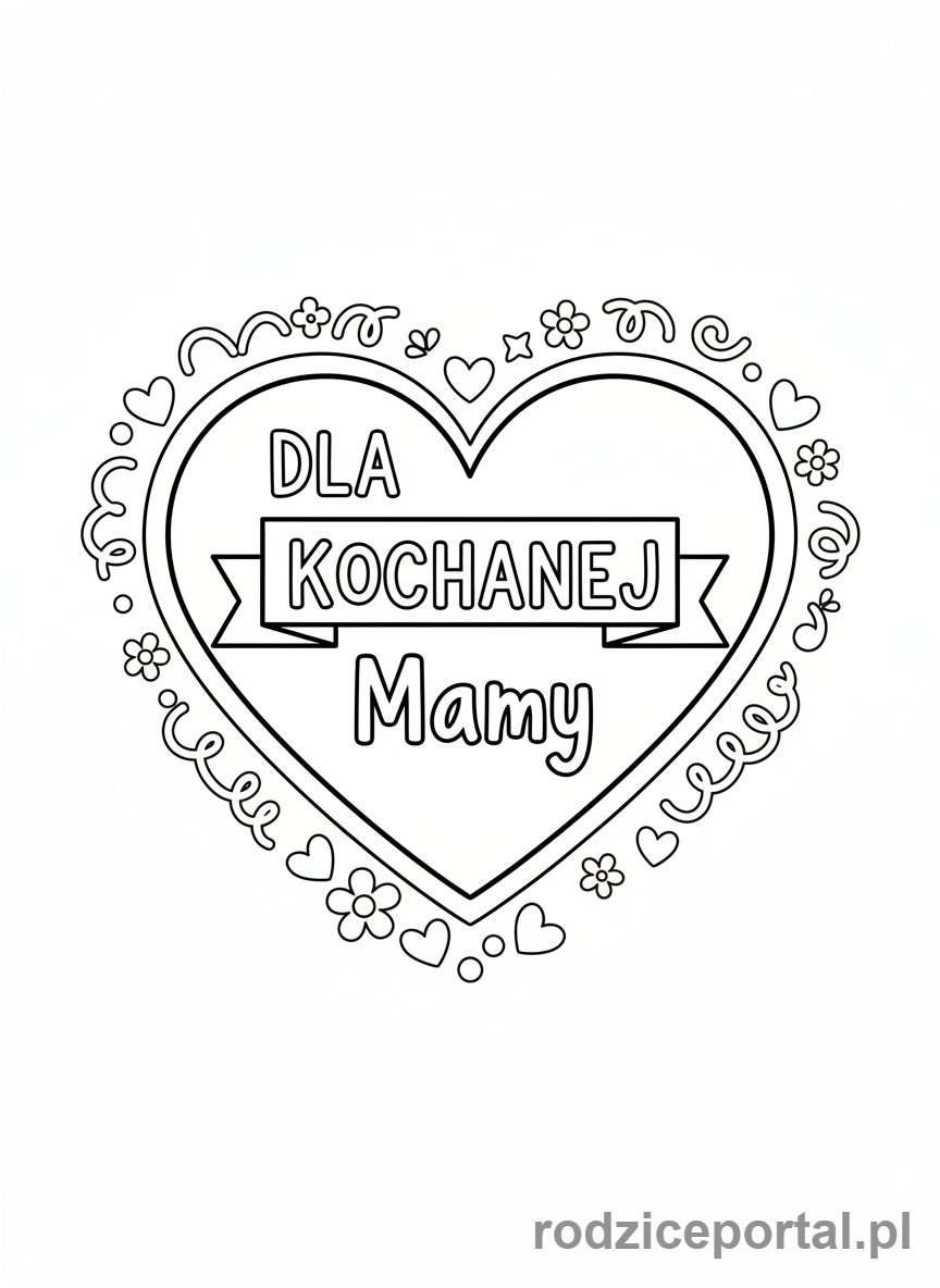 Kolorowanka Dzień Mamy - Ramka w kształcie serca z napisem 'Dla Kochanej Mamy'